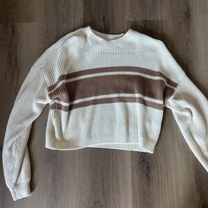 Hollister Cream Cropped Crew Sweater with Brown Stripes